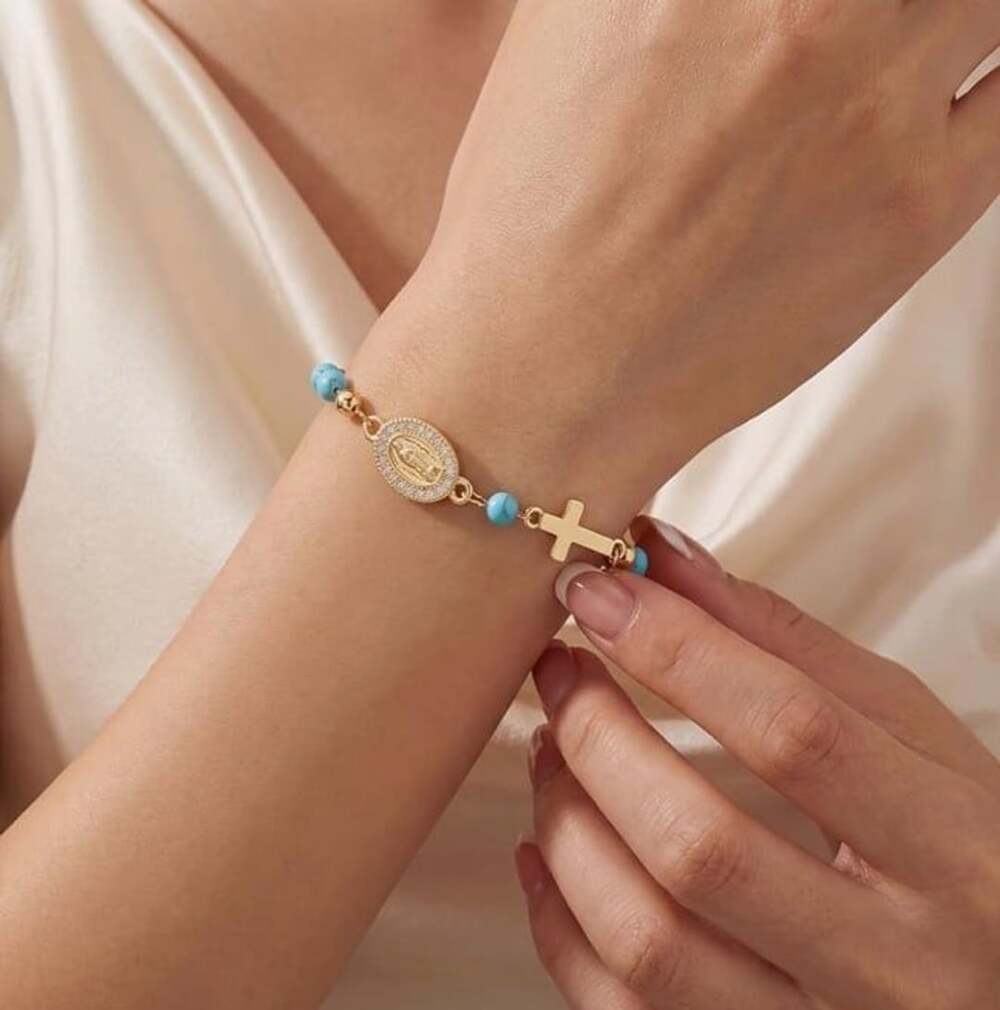 14K Gold Plated Virgin Mary Cross Turquoise Bracelet - New in box